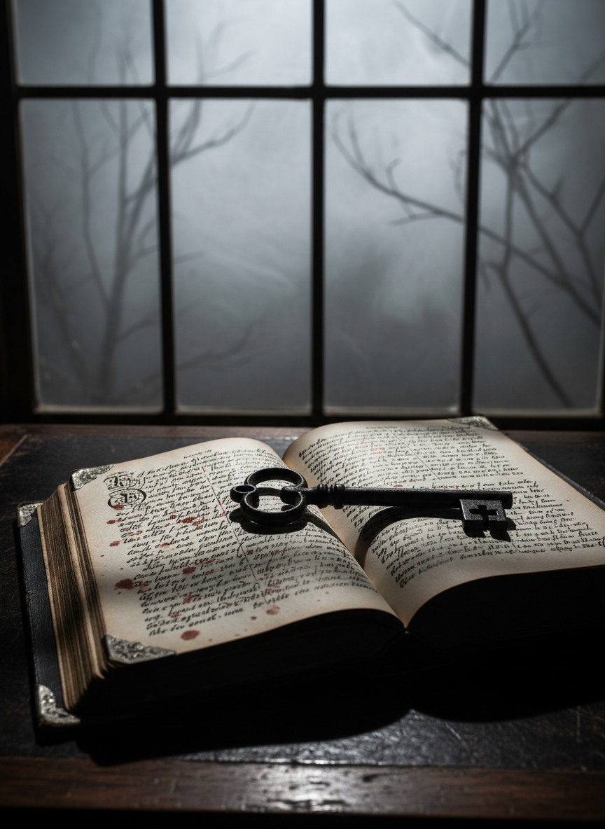 A weathered black leather-bound book with tarnished silver corner clasps lies open on an ancient wooden writing desk, its yellowed pages filled with dense, curling ink and faint blood-brown stains. A heavy iron key rests across the gutter of the book. The desk is pushed against a tall leaded-glass window, beyond which only a suggestion of fog and skeletal tree branches can be seen. Moonlight filters through the warped glass, casting distorted, high-contrast patterns across the scene. Photographic realism, shot at a slightly elevated angle with shallow depth of field, the book in razor focus and the background sinking into soft darkness, creating a brooding, gothic atmosphere perfect for a horror blog homepage.